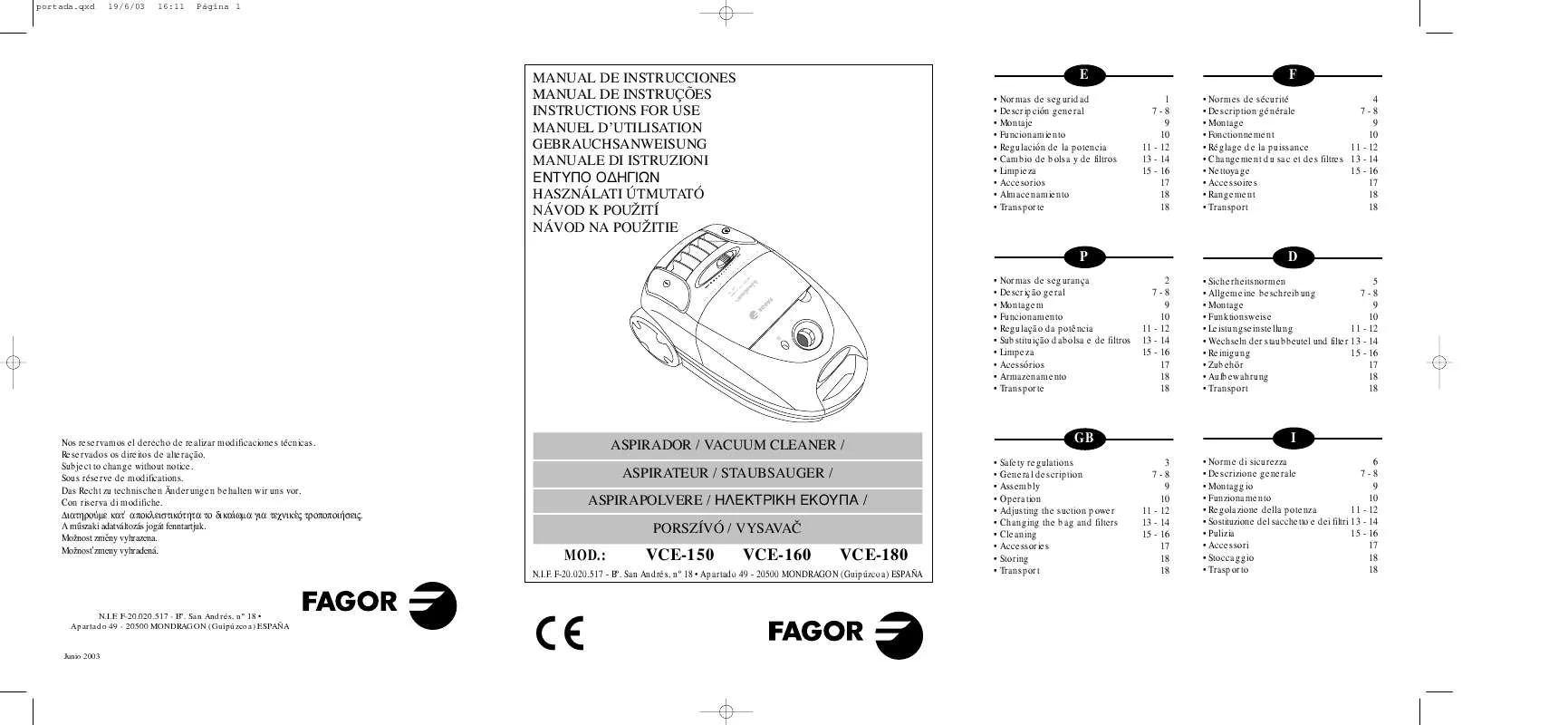 Mode d'emploi FAGOR VCE-160