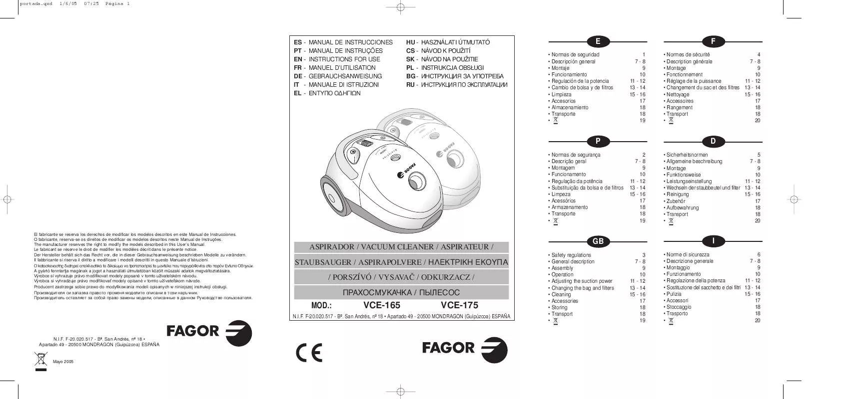Mode d'emploi FAGOR VCE-165