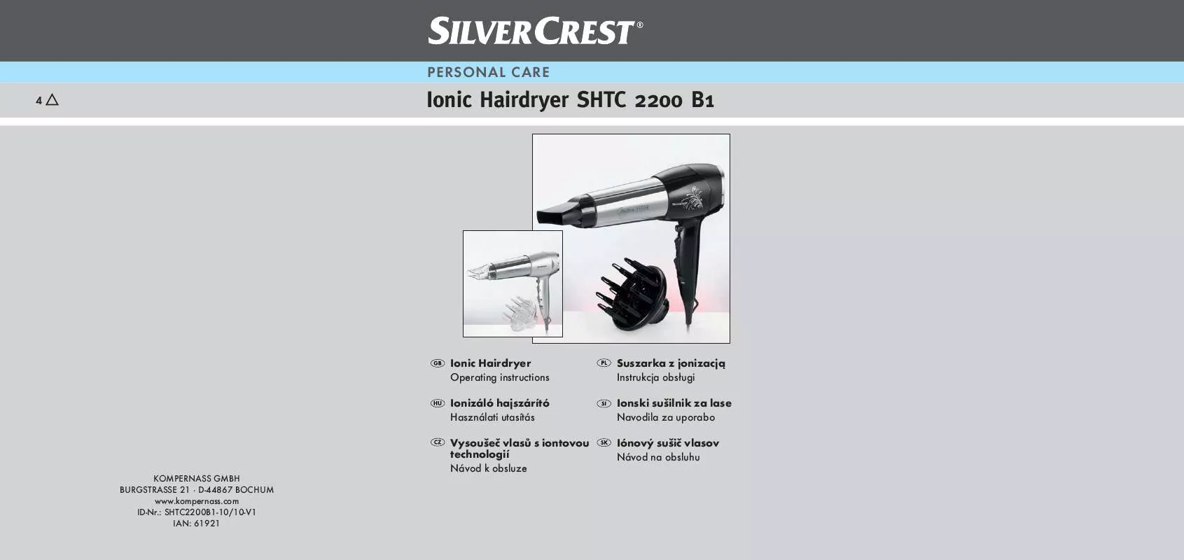 Mode d'emploi SILVERCREST SHTC 2200 B1 IONIC HAIRDRYER