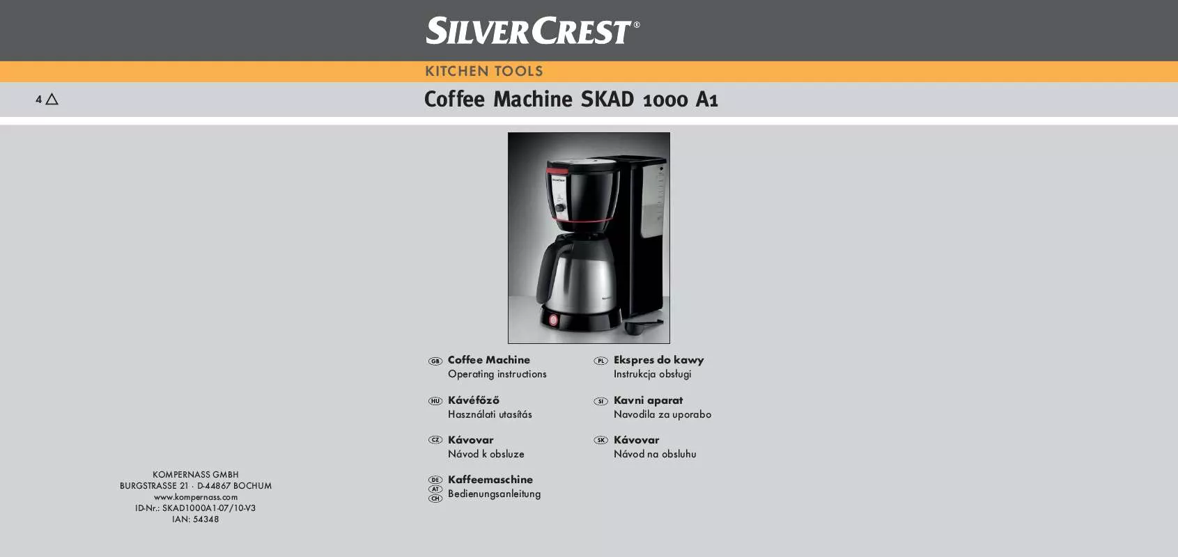 Mode d'emploi SILVERCREST SKAD 1000 A1 COFFEE MACHINE