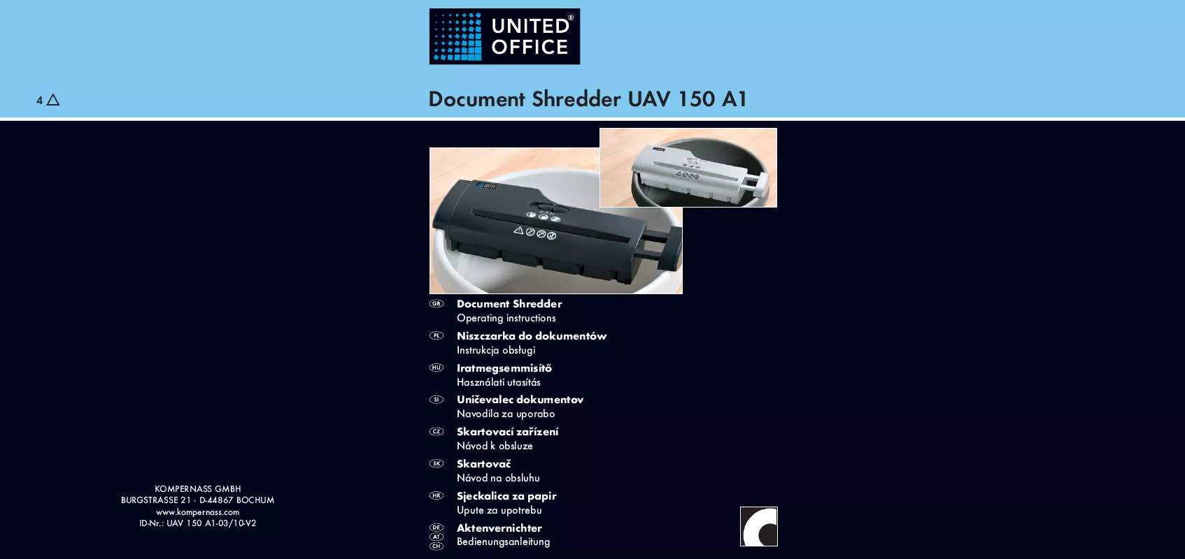 Mode d'emploi UNITED OFFICE UAV 150 A1 DOCUMENT SHREDDER
